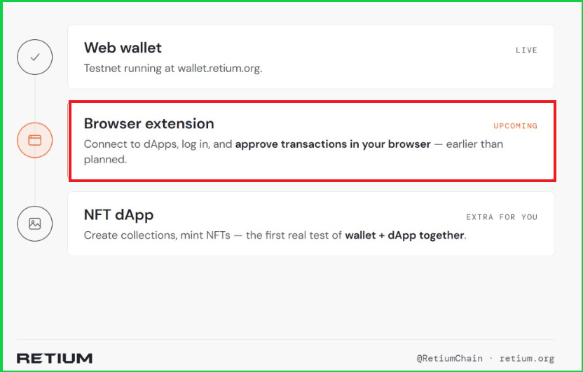30p25cm's tweet photo. Retium Wallet Testnet, Next Phase !

Instead of stopping at a web wallet, @RetiumChain decided to accelerate the release of the Retium Wallet extension for browsers, giving the community access to something that was initially unpromising at this stage.

The extension will allow users to connect their Retium wallets to dApps, log in, and approve transactions directly through the browser.

Next, the project will release an NFT dApp with extensions. This will allow users to connect their wallets, create collections, mint NFTs, and test real-life interactions between the wallet and a working Retium-based application.

Please look forward to more detailed information in the near future...!