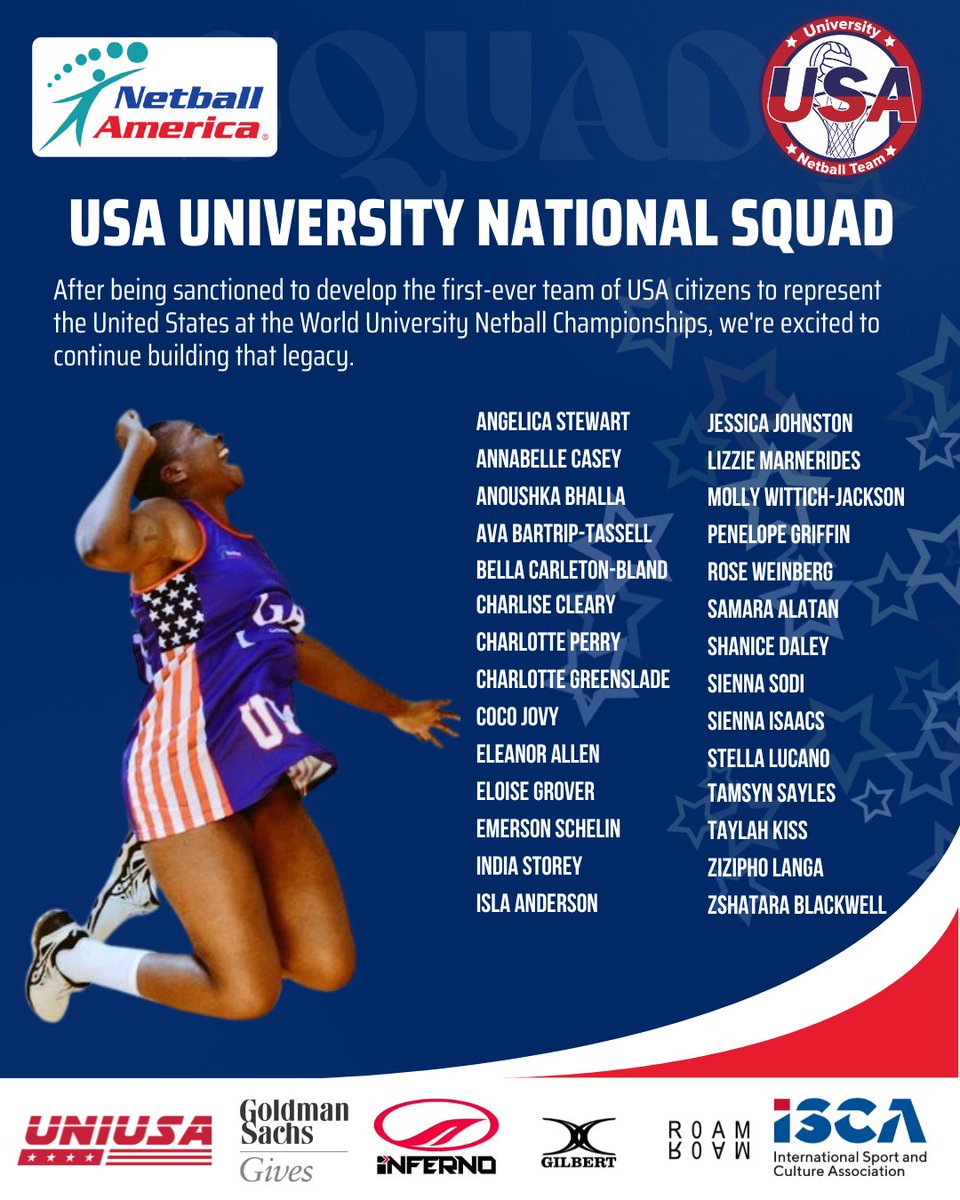 NetballAmerica's tweet photo. 🇺🇸🏐 Proud to introduce our 28 student-athlete USA Women's National Netball Squad.
The future of USA University Netball is looking brighter than ever! 🇺🇸✨
#TeamUSA #ProjectIgnite #NetballAmerica #Netball @GilbertNetball @WorldNetball_ @americasnetball @USANetballTeam https://t.co/iygtc8xRqv