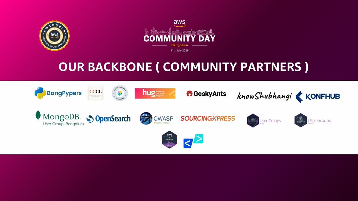 awsugblr's tweet photo. In Namma Bengaluru, no tech community builds alone—and #ACDBLR26 was proof of that! 🏙️🤝🔥

A massive THANK YOU to all our incredible Community Partners who cross-promoted, supported, and showed up to make AWS Community Day Bengaluru a resounding success. https://t.co/k8iIsbk8OB