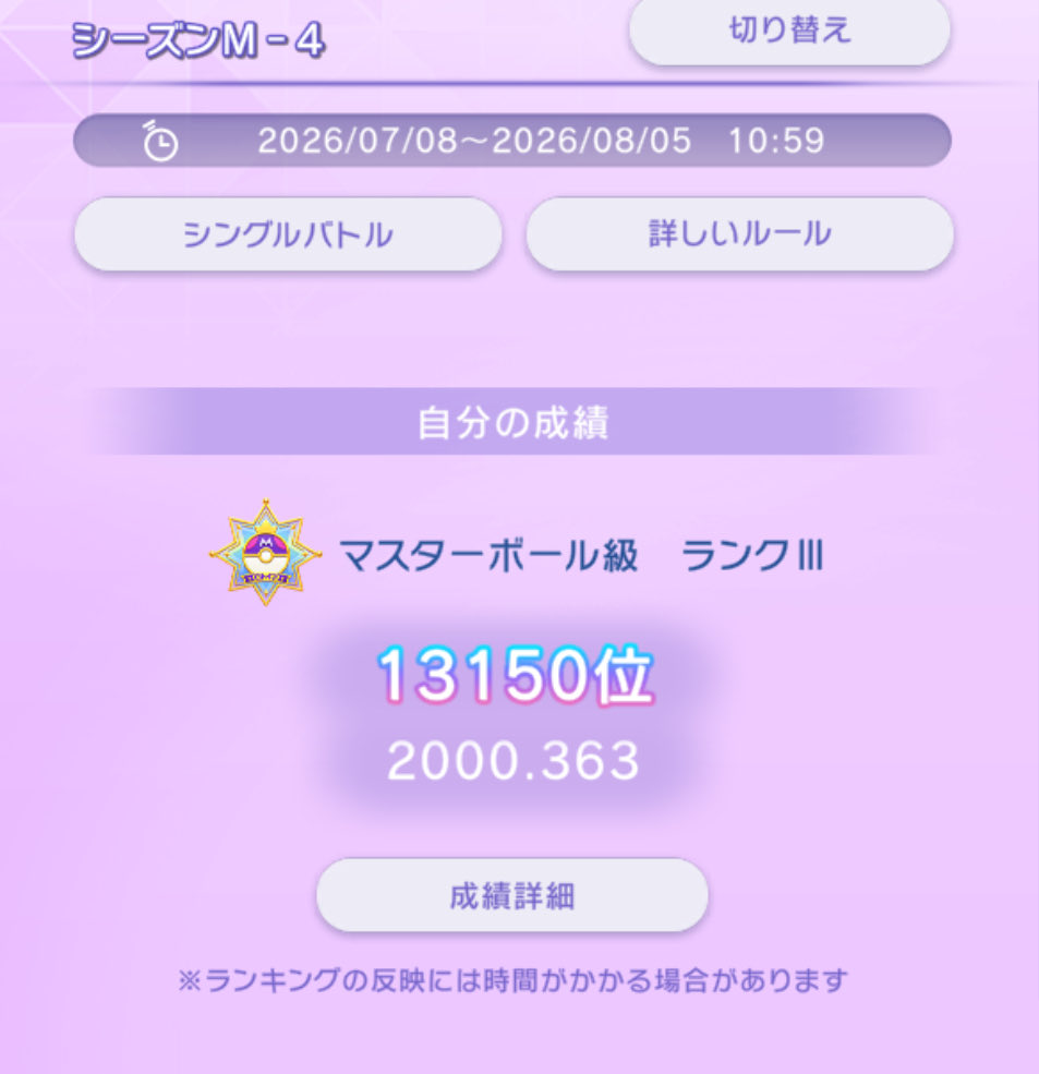 Ohn9tc's tweet photo. M4は2,000で終了。。
M5は頑張りたい！
#ポケモンチャンピオンズ https://t.co/TsGOw6iMxQ