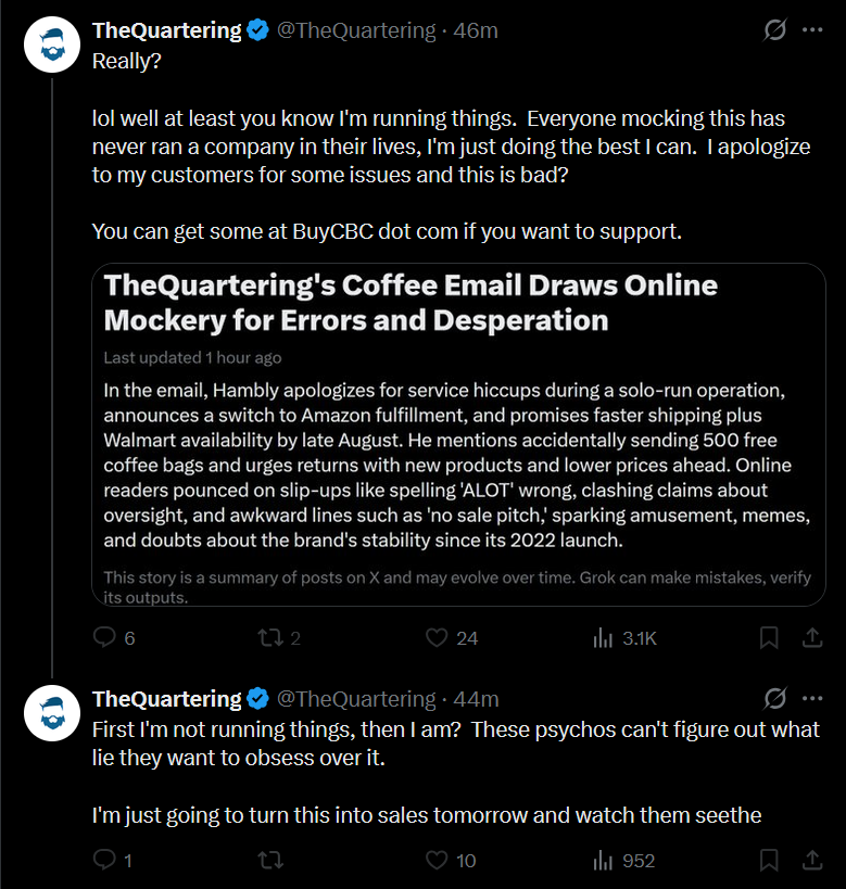 Channel404News's tweet photo. No you dumbass. YOU said you were the sole owner for years. THEN admitted to having partners, and NOW say you're the sole owner again.

"Man these psychos keep running with all these lies I'm telling my customers??? I must be the only person to ever run a business on the internet" 🤡

Also, wtf business are you even running?? From what it sounds like, all that @CoffeeBrandCo actually does is the fuckin ads and cringe customer service emails written by kindergartners lol