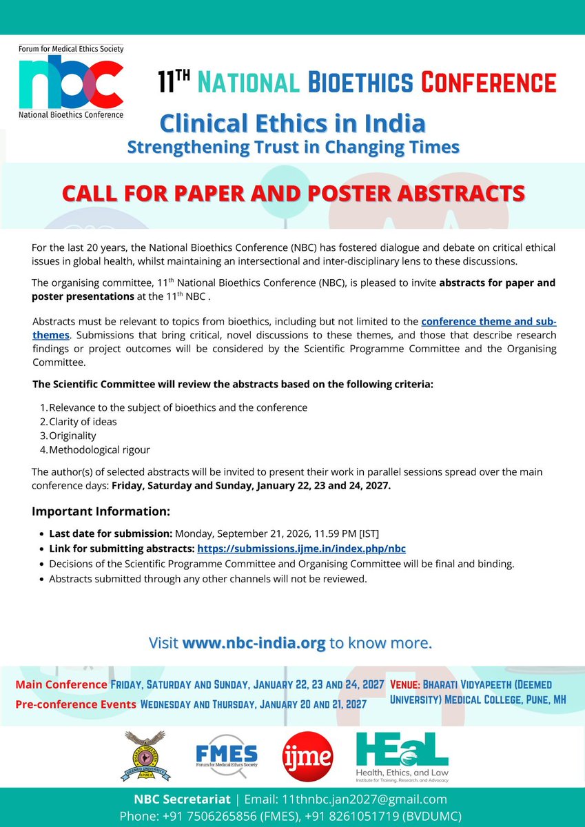 sakie339's tweet photo. The call for paper and poster abstracts as also for workshops and symposium proposals for the 11th National Bioethics Conference are now open. Please do consider submitting, registering, attending and also donating. https://t.co/qlz0YByil1