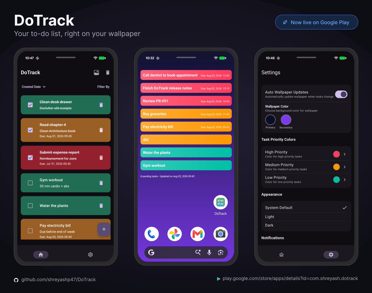 shreyashp4's tweet photo. Built my own Android app 🚀
How many task apps have you downloaded, used for 3 days, and forgotten? 😅
DoTrack fixes that — tasks live right on your wallpaper. Unlock → see tasks. 100% offline.

https://t.co/lrbTlbEBaU
 https://t.co/wWLSmpLPa9

#Android #Kotlin #buildinpublic https://t.co/IysWxknV5q