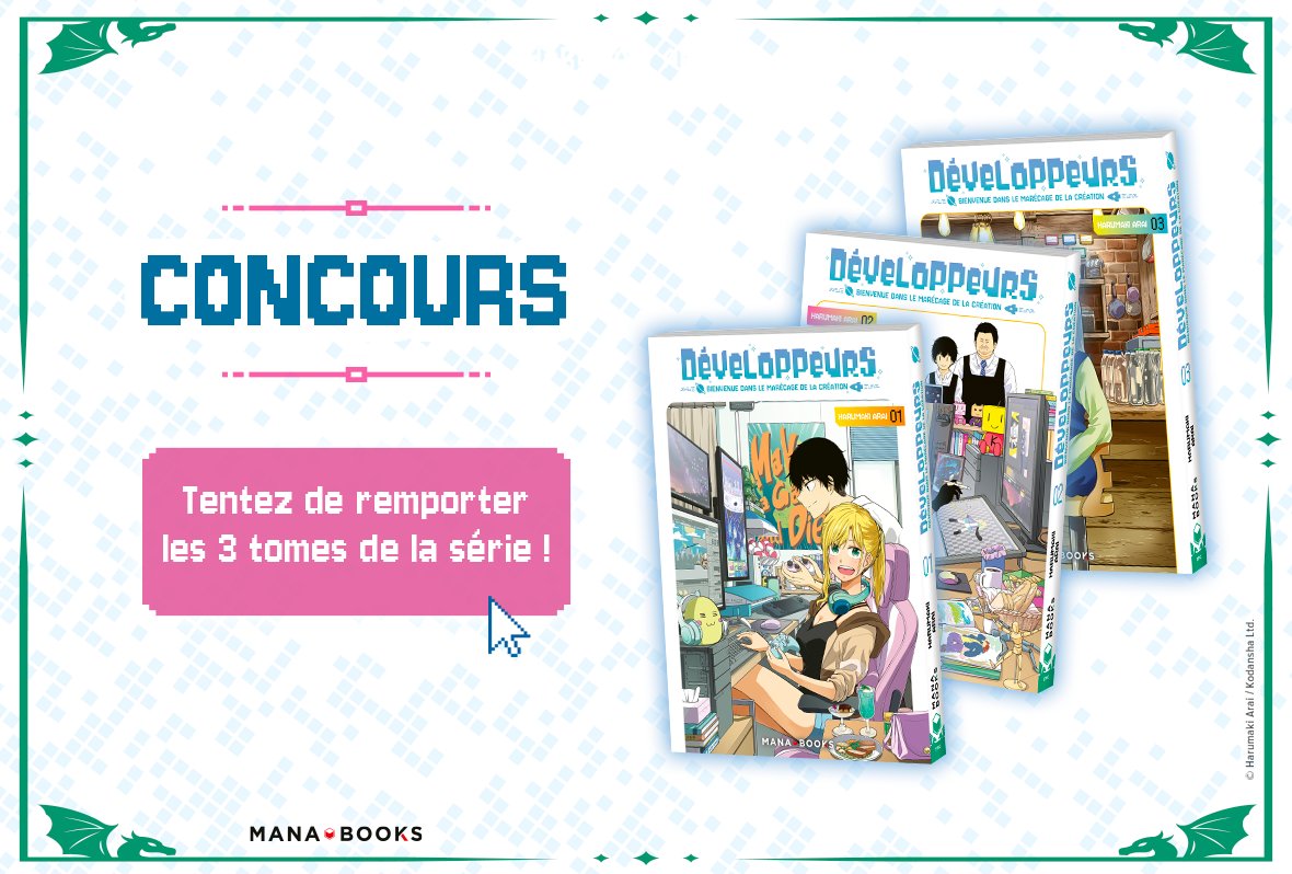 Mana_Books_'s tweet photo. [ #CONCOURS 🎁 ]

À l'occasion de la sortie du 3e et dernier volume de "Développeurs - Bienvenue dans le marécage de la création", Mana Books vous propose de remporter la série complète !

Pour jouer :
✅ RT + Like @Mana_Books_ 
 Commentez avec 🎮

TAS le 19.08.26
1 gagnant

Jeu concours valable en France métropolitaine