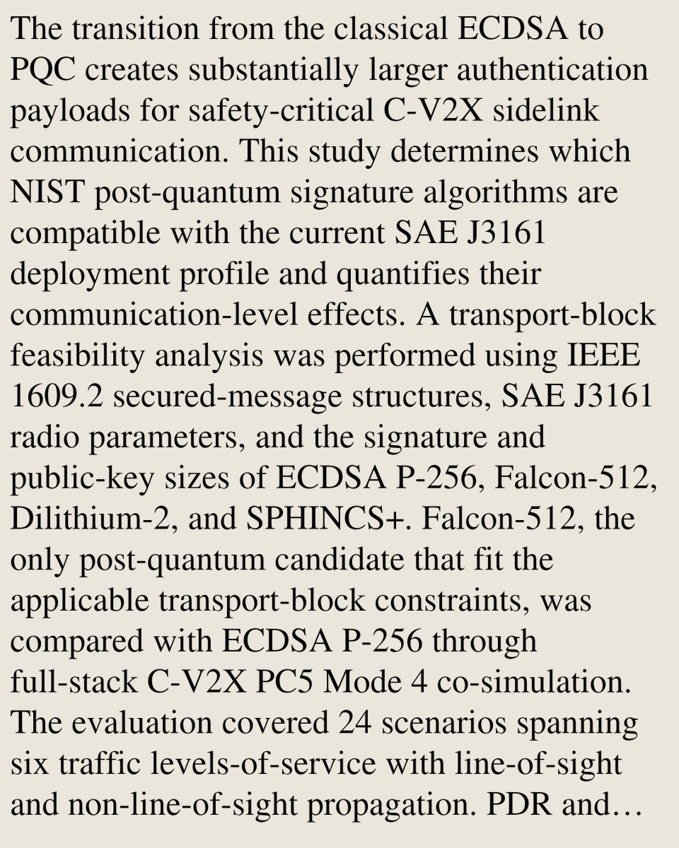 CSPerfPapers's tweet photo. Deployment Feasibility Analysis of Post-Quantum Digital Signatures in Safety-Critical C-V2X Communication for Urban Mobility Scenario

Akid Abrar, Sagar Dasgupta, Abdullah Al Mamun, Minhaj Uddin Ahmad, Mizanur Rahman, Mashrur Chowdhury, …
https://t.co/cbhLAyM1cf [𝚌𝚜.𝙿𝙵] https://t.co/uAuDx6sBaB