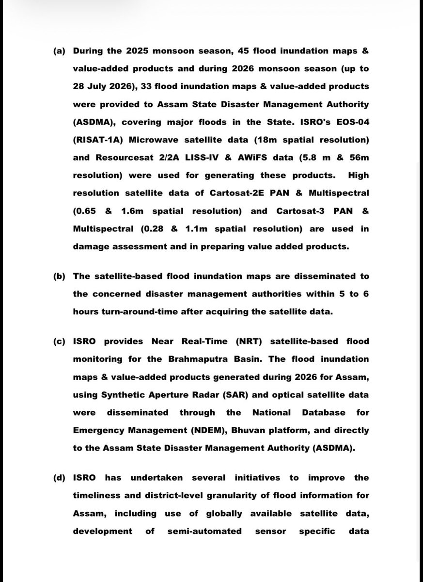 GauravGogoiAsm's tweet photo. The Government has confirmed, in response to my question, that ISRO provides near-real-time flood monitoring for the Brahmaputra basin, with flood data reaching ASDMA within 5–6 hours.

Yet, the District Commissioner of Sivasagar has stated that the district had barely three hours to respond to the flash floods of 19 July, with no prior warning issued. The Government must explain why available flood monitoring data did not result in timely alerts and preparedness on the ground.