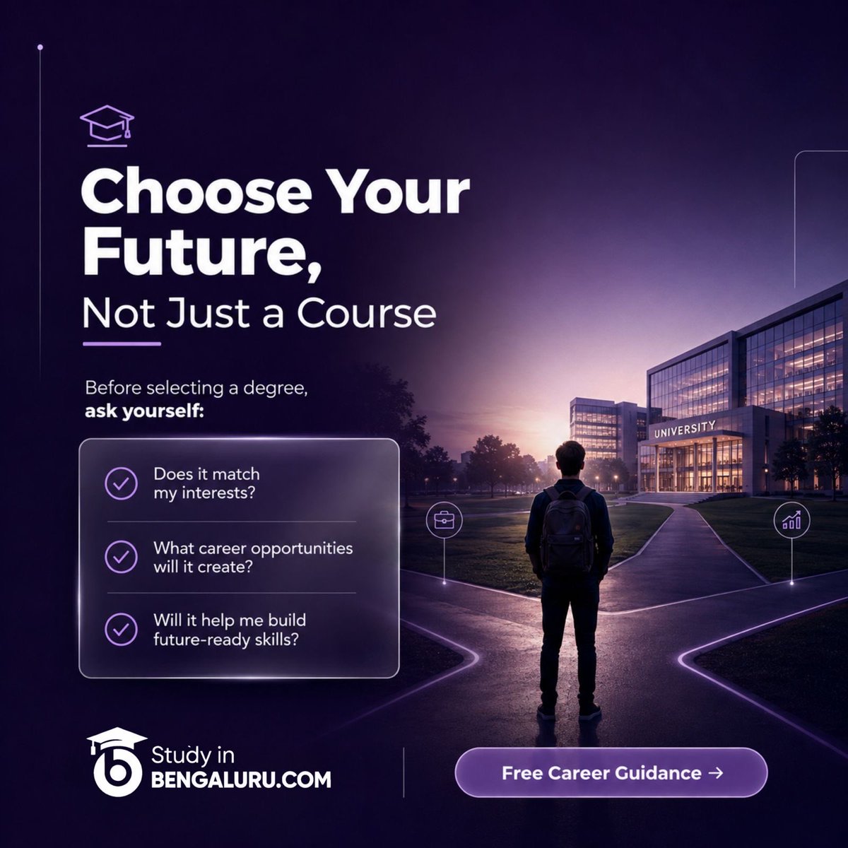 Studyinbengalur's tweet photo. 🎓 Don’t just choose a course. Choose your future. Make decisions based on your passion, career opportunities, and future-ready skills. Get FREE career guidance today! 🚀 #StudyInBengaluru #CareerGuidance https://t.co/dA338Q2nYz