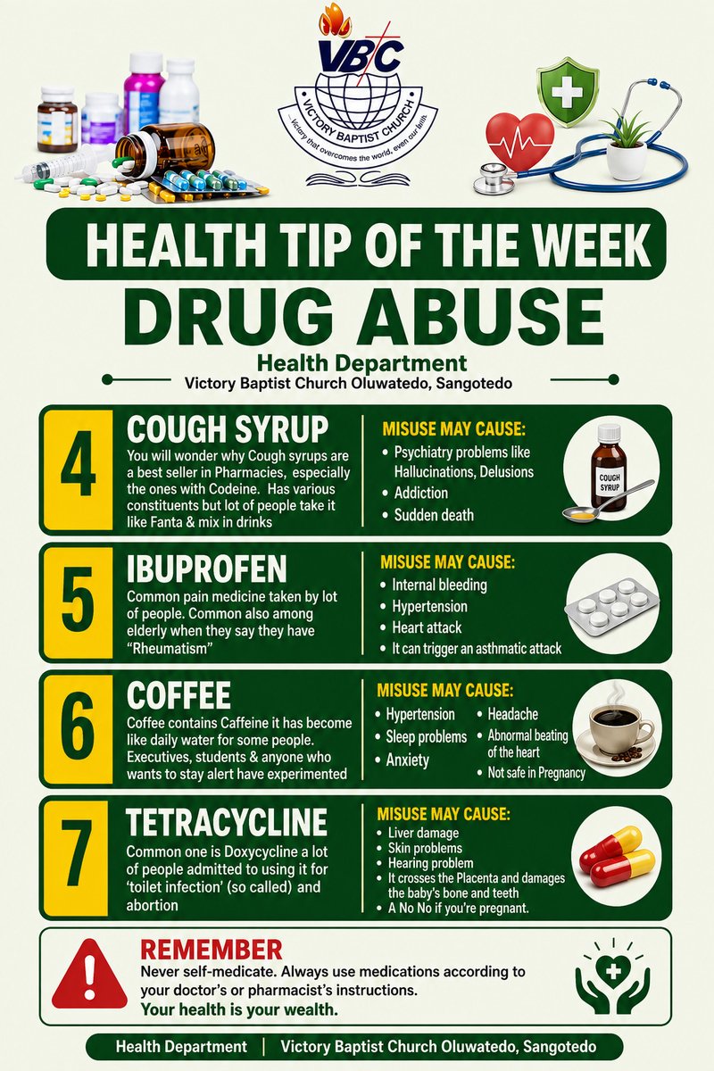 Vbcsangotedo's tweet photo. 📖 "Beloved, I wish above all things that thou mayest prosper and be in health..." — 3 John 1:2

Your health is God's gift—protect it. 
Avoid drug abuse and self-medication. Use medications only as prescribed by a qualified healthcare professional.
Your health is your wealth. https://t.co/Hf0GJGWngh