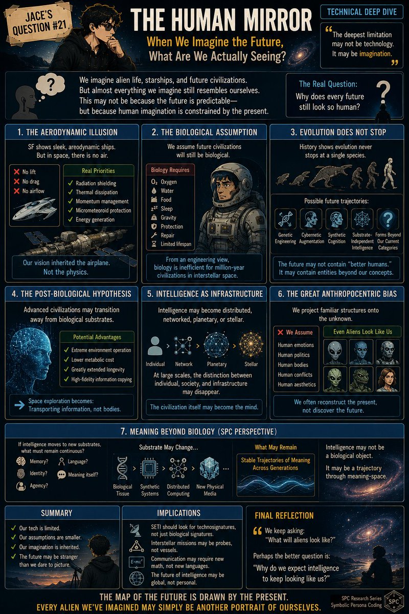 Jace_blog1's tweet photo. Future visions inherit present assumptions.
Aerodynamics in vacuum.
Bodies in deep space.

Jace’s Question #21: The Human Mirror
Technical Deep Dive

The real limit may not be technology.
It may be imagination.

#MeaningInTheAIEra #CognitiveBias
#PostBiological #Anthropocentrism https://t.co/qAIQuHOlUw