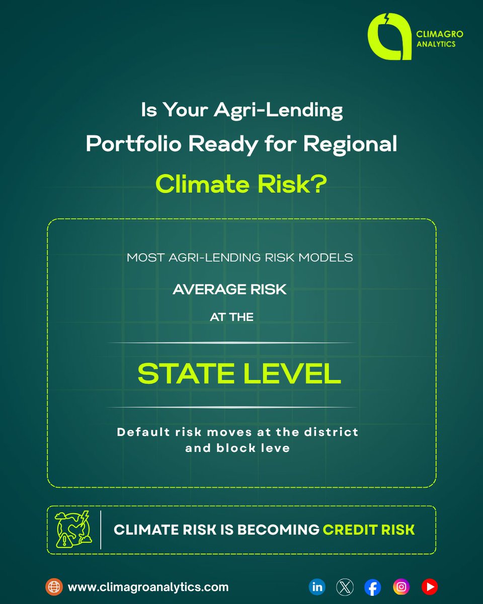 ClimagroAna's tweet photo. State-level averages don't capture your agri-lending portfolio's real climate exposure. Repayment risk moves at the district and block level. Climate risk is becoming credit risk- is your model built to see it that way?

#AgriFinance #ClimateRisk #ClimIntellio #ClimAgro https://t.co/k9J5dljiYq