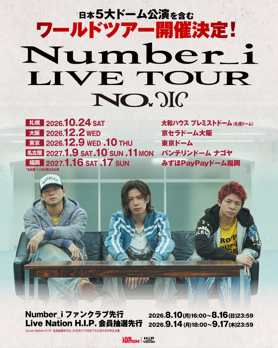 modelpress's tweet photo. Number_i、5大ドーム公演詳細解禁
https://t.co/HZarmKTKQT

▫️大和ハウス プレミストドーム（札幌ドーム）
10/24（土）

▫️京セラドーム大阪
12/2（水）

▫️東京ドーム
12/9（水）
12/10（木）

▫️バンテリンドーム ナゴヤ
1/9（土）
1/10（日）
1/11（月・祝）

▫️みずほPayPayドーム福岡
1/16（土）
1/17（日）