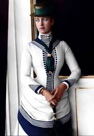 kateStrasdin's tweet photo. One of my favourite images of Alexandra Princess of Wales catches her in the 1880s on board the royal yacht in what is likely a tailormade by John Redfern. The sailor suit is recreated in Redfern’s immaculate construction. You can read more in Dressing the Queen! Jacket @V_and_A https://t.co/pz1TwmSQhl