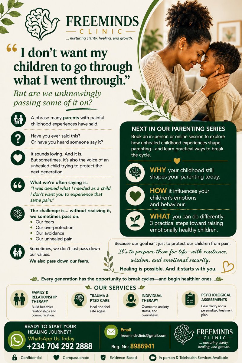 FreemindsClinic's tweet photo. "I don't want my children to go through what I went through."

Many of us mean it.

Yet without healing, we can unknowingly pass on our wounds.

Healing starts with you. 

📲 WhatsApp: +234 704 292 2888
#Parenting #GenerationalHealing #MentalHealth #BreakTheCycle #FreeMindsClinic https://t.co/2KM3a0u3sF