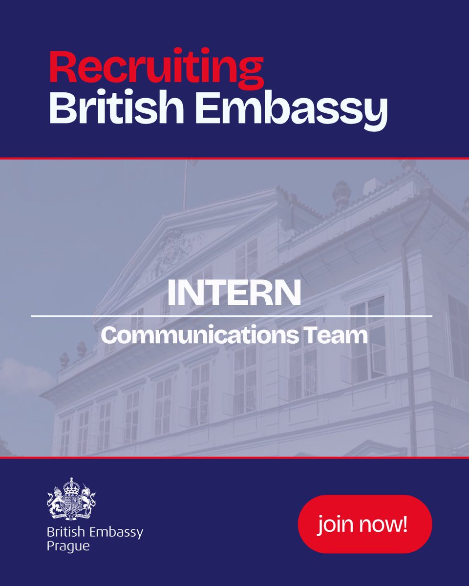 UKinCR's tweet photo. 📣 Nabídka stáže v komunikačním oddělení britského velvyslanectví! 🤩
 
➡️ práce na částečný úvazek na dobu určitou
➡️ uzávěrka přihlášek: 11. 8. 2026
➡️ předpokládaný nástup: 1. 10. 2026

Více informací 👉 https://t.co/ukScBQD1uk https://t.co/11D8NTpP4b