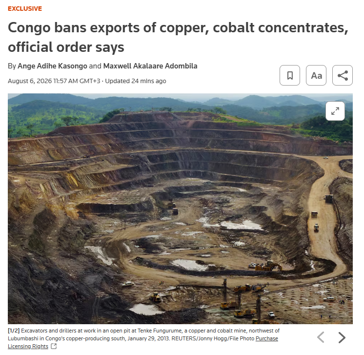 clashreport's tweet photo. The Democratic Republic of the Congo has banned exports of copper and cobalt concentrates to encourage domestic processing and keep more value from its mineral resources.

The government also introduced a new tax on valuable mining by-products as part of its effort to increase mining revenue.

Source: Reuters