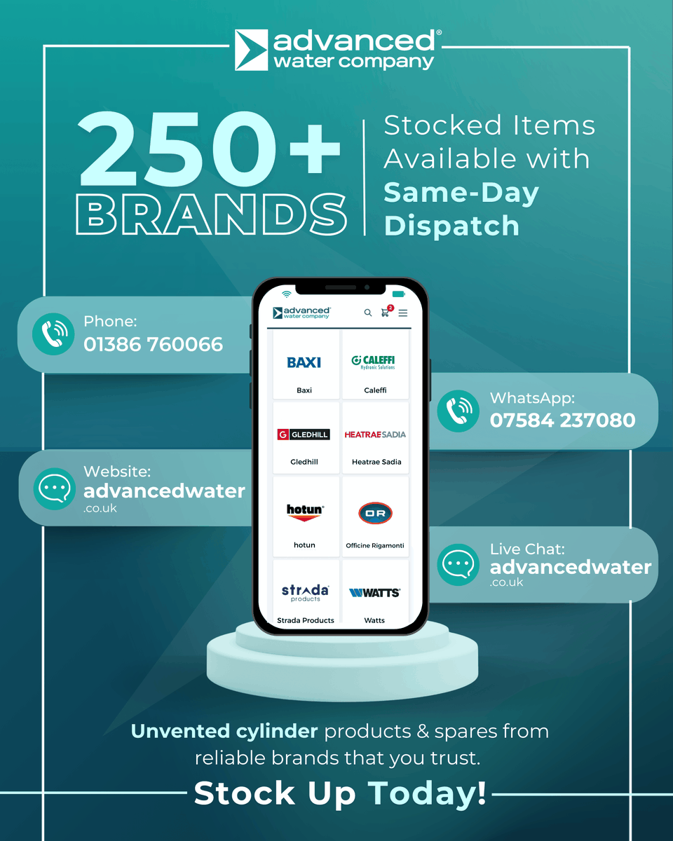 AdvancedWaterCo's tweet photo. We stock hundreds of products from 250+ trusted manufacturers and are on hand to help you find the right part for your customers when you need it.

Order by 5 pm for same-day dispatch on all stocked items and get your products moving quickly to your store. https://t.co/V98WMa3zee