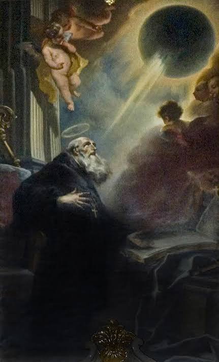 rodrigogpeinado's tweet photo. Preparando cosas con motivo del eclipse, me he encontrado con el cuadro Visión de San Benito (1735) de Cosmas Damian Asam.

Es considerada la primera representación realista de la corona solar y del anillo de diamantes en la historia del arte. https://t.co/i2FELrSfEY