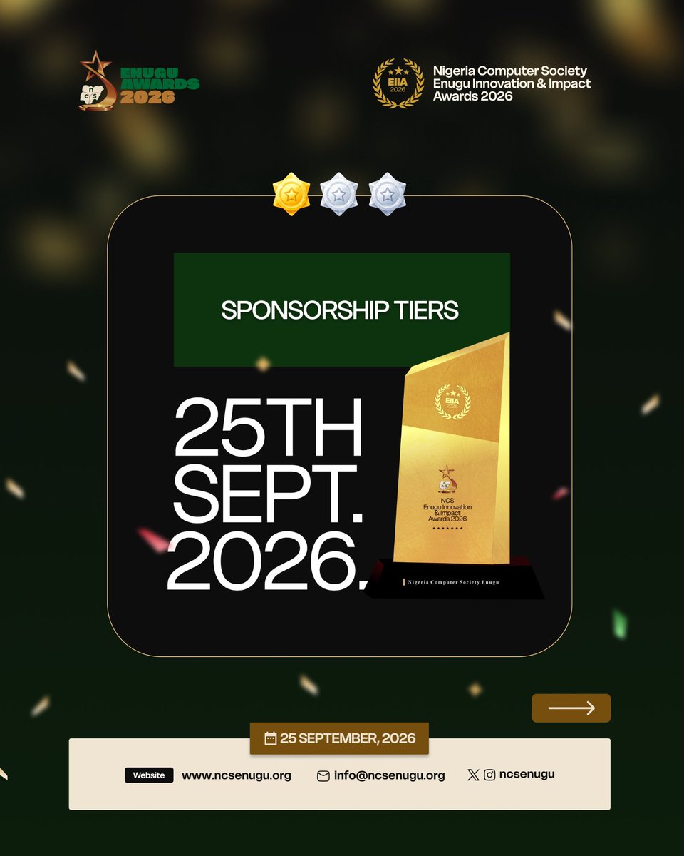 ncsenugu's tweet photo. ✨ Sponsorship opportunities are now open for the NCS Enugu Innovation &amp; Impact Awards 2026.

Explore our sponsorship packages and discover how your organization can be part of a premier event celebrating innovation, excellence, and impact. https://t.co/0JEOePSecv
