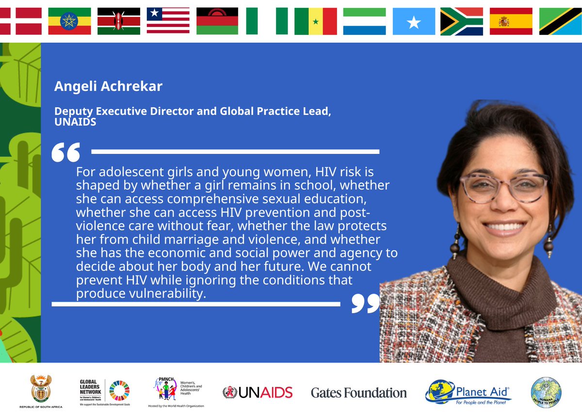 GLN_Community's tweet photo. "For adolescent girls and young women, HIV risk is shaped by whether a girl remains in school, whether she can access comprehensive sexual education, whether she can access HIV prevention and post-violence care without fear, whether the law protects her from child marriage and violence, and whether she has the economic and social power and agency to decide about her body and her future. We cannot prevent HIV while ignoring the conditions that produce vulnerability." — Angeli Achrekar, Deputy Executive Director and Global Practice Lead at UNAIDS, speaking at our high-level ministerial symposium "Leading for the Future: Re-centering Women, Children and Adolescents as a Pathway to Sustained HIV Epidemic Control."

#RethinkRebuildRise #IAS2026 #AIDS2026 #WCAH #EndAIDS2030