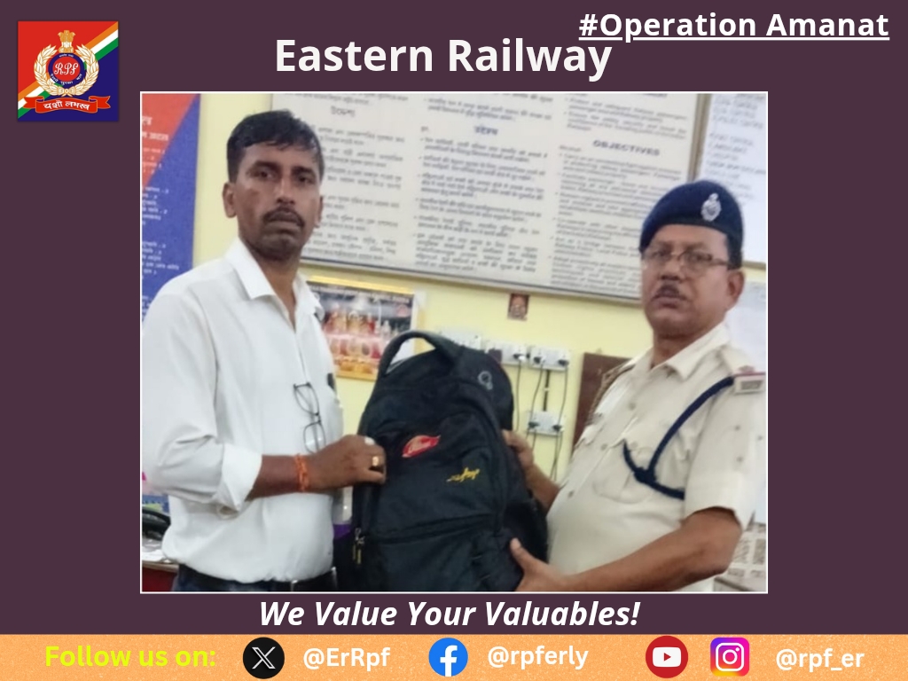 ErRpf's tweet photo. On 05.08.2026, RPF Officials recovered a left behind bag containing 01 laptop and other valuables worth Rs. 50,000/- from T/No. 04158 at Asansol Railway Station and handed over to its rightful owner after due process.
#OperationAmanat 
@RPF_INDIA 
@RailMinIndia https://t.co/sPLH8KvvgA