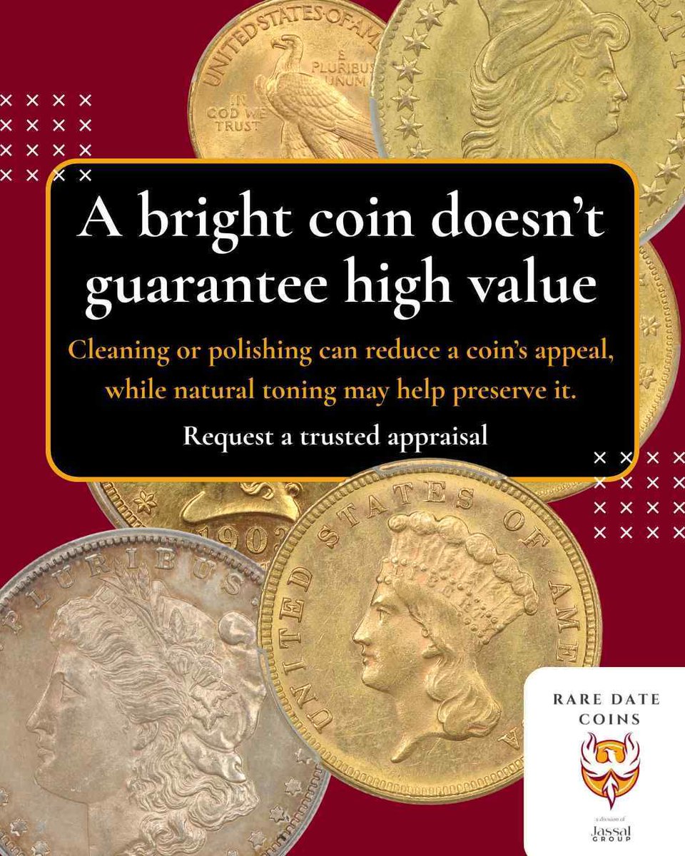 Raredatecoins's tweet photo. The brightest coin is not always the best coin. Cleaning or polishing can damage original surfaces and reduce collector appeal, while natural toning may be desirable. Do not judge value by shine alone. 

https://t.co/ZkWYzAoyCc 

#RareCoins #CoinAppraisal https://t.co/zfTR9m3JyQ