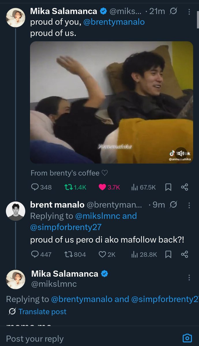 jasoominnie's tweet photo. Happy anniv sa 'bardagulan' na to! Isa ito sa mga ‘you just had to be there’ moments — super unexpected, napakasimple pero tagos grabe parang inasinan ang all😌 iba talaga pag kayo hihihi kahit nagsusungitan nakakakilig, ang cute cute nyo!!😝

#MikBrent #happyshipping https://t.co/nQUERnDQZ7