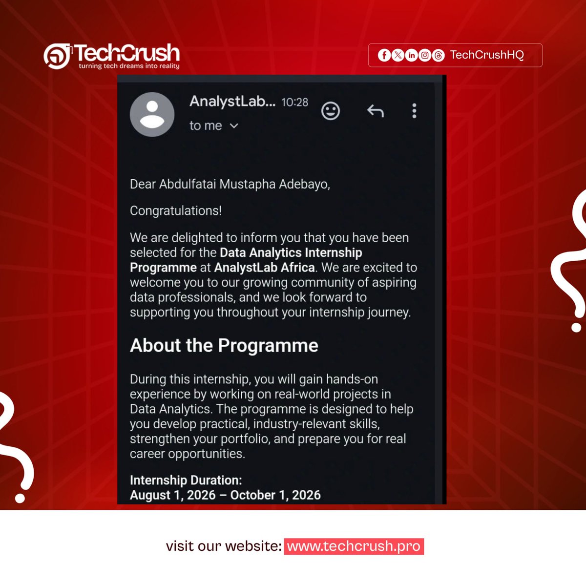 TechCrushHQ's tweet photo. The best part of what we do is celebrating moments like this.

From completing his capstone project at TechCrush to securing a Data Analytics Internship at AnalystLab Africa.

Congratulations, Mustapha, on this well-deserved achievement! 👏

We’re proud to have been part of your journey and can’t wait to see all you’ll accomplish in this new chapter. Wishing you an incredible internship experience and many more wins ahead. Keep making us proud! 

#techcrush #tech4africans #tech4africansscholars