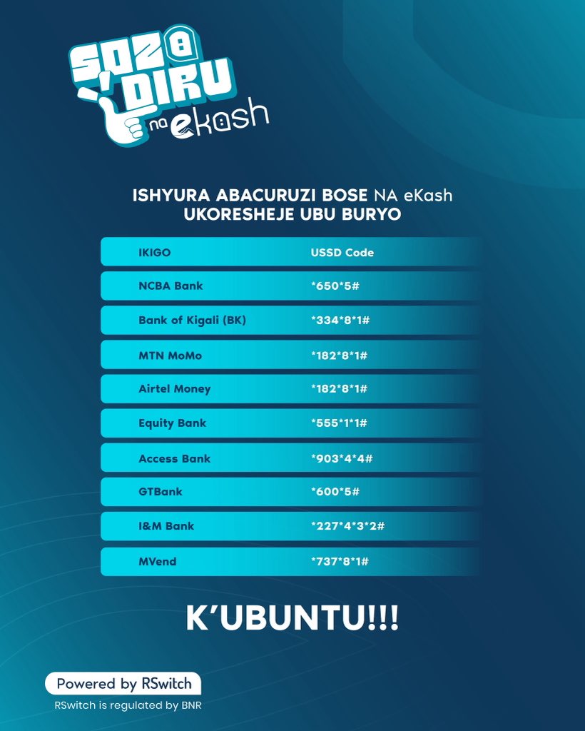 eKashrs's tweet photo. Kwishyura byarushijeho koroha! 🛍️💳
Ugiye kugura? Koresha eKash wishyure umucuruzi ukoresheje USSD ya banki cyangwa Mobile Money ukoresha nta kiguzi. Byoroshye, byihuse, kandi bifite umutekano.

#SozaDiruNaeKash #eKash https://t.co/ELmXzgmJVE