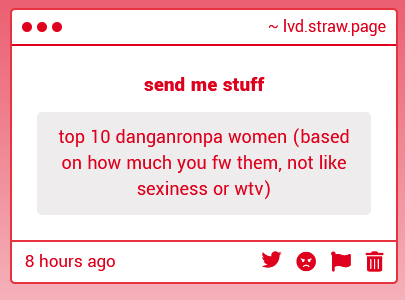 LVDaiabs's tweet photo. 1st is miu shes lowk mega relatable with all the swearing and shit #shessome
2nd is ibuki shes probably my favorite dr2 girl
3rd is hiyoko i think shes pretty awesome
4th is mukuro her military shit is pretty cool
thats all i can think of rn
https://t.co/ReM8O3yCUz https://t.co/ikj1ZFW1V4