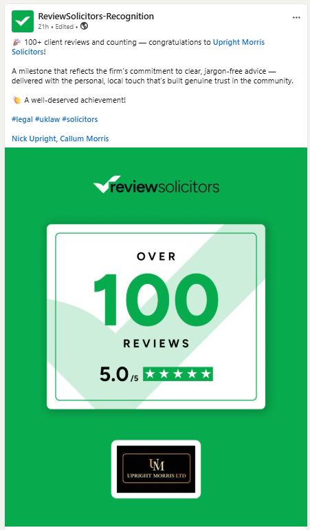 UprightMorris's tweet photo. Fantastic recognition from @ReviewSolicitor thank you
We do strive for full commitment for all our clients.
Well done to all the Team at @UprightMorris https://t.co/OToU8mwBsN
