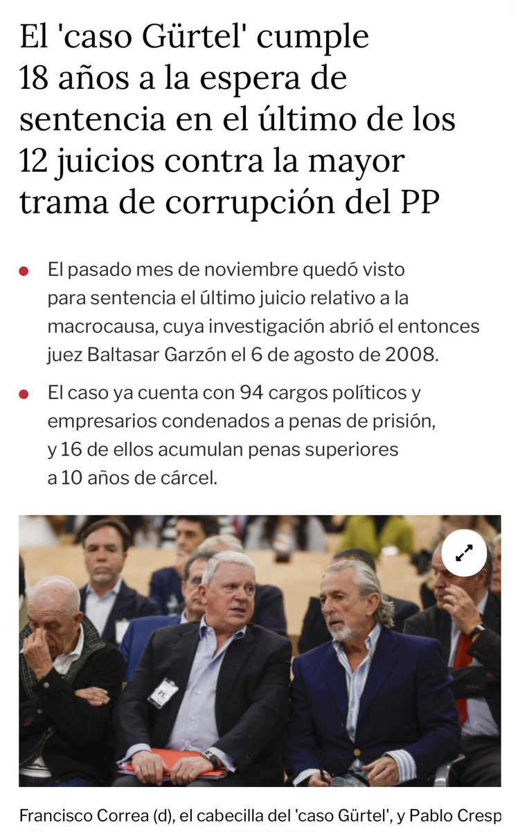 crispmarcote's tweet photo. El 'caso Gürtel' cumple 18 años a la espera de sentencia en el último de los 12 juicios contra la mayor trama de corrupción del PP

Se cargaron al juez que dio inicio a la causa pero el procedimiento ya fue imparable dada la magnitud de la corrupción acumulada durante décadas. https://t.co/dXKircdVXx