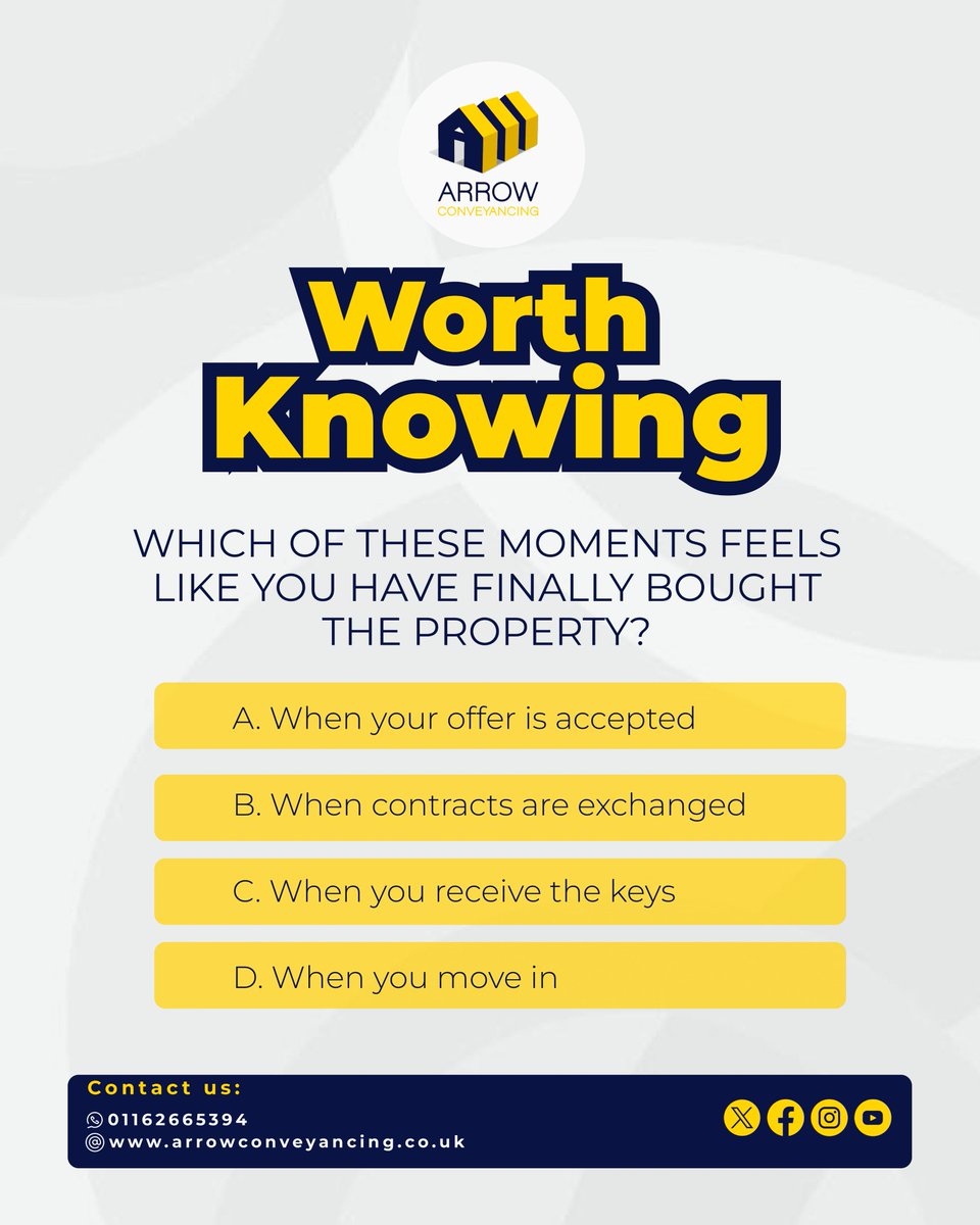 ConveyanceArrow's tweet photo. Completion day is when everything becomes real. However, the experiences differ. Share with us your completion experience.
You can also

Call: 0116 266 5394
Email: hello@arrowconveyancing.co.uk

#UKProperty #SolicitorsUK #conveyancing
#legalsupport #community #ArrowConveyancing https://t.co/ugMerSQlej