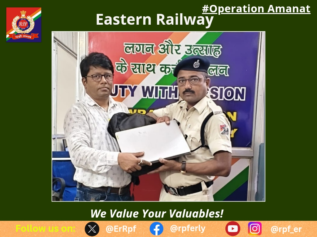ErRpf's tweet photo. On 05.08.2026, RPF Officials recovered a left behind bag containing 01 laptop and other valuables worth Rs. 1,00,000/-from T/No. 37236 at Howrah Railway Station and handed over to its rightful owner after due process.
#OperationAmanat 
@RPF_INDIA 
@RailMinIndia https://t.co/TXlpI918PS