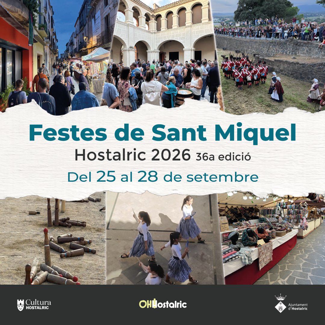 AjHostalric's tweet photo. Ja tenim les dates de les Festes de Sant Miquel 2026! Del 25 al 28 de setembre, Hostalric s’omplirà d’espectacles i activitats per a totes les edats. També podràs passejar per un campament de recreació històrica i descobrir el mercat artesanal. 👉https://t.co/MY6M7EY64C https://t.co/0I4zRaviKJ