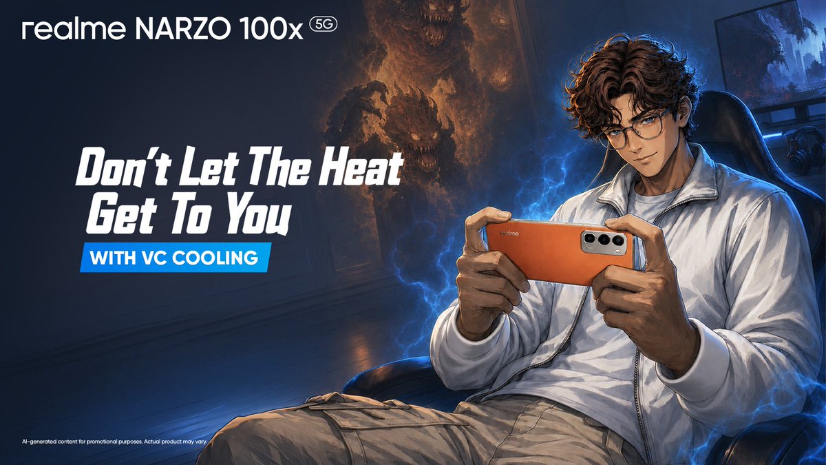 realmenarzoIN's tweet photo. Engineered to Stay Cool.
With VC Cooling, the #realmeNARZO100x 5G is engineered to keep temperatures down and performance up.

Buy now:
https://t.co/6OPqHGEuii
https://t.co/UjvjVylohT https://t.co/UNuXUmUyd6