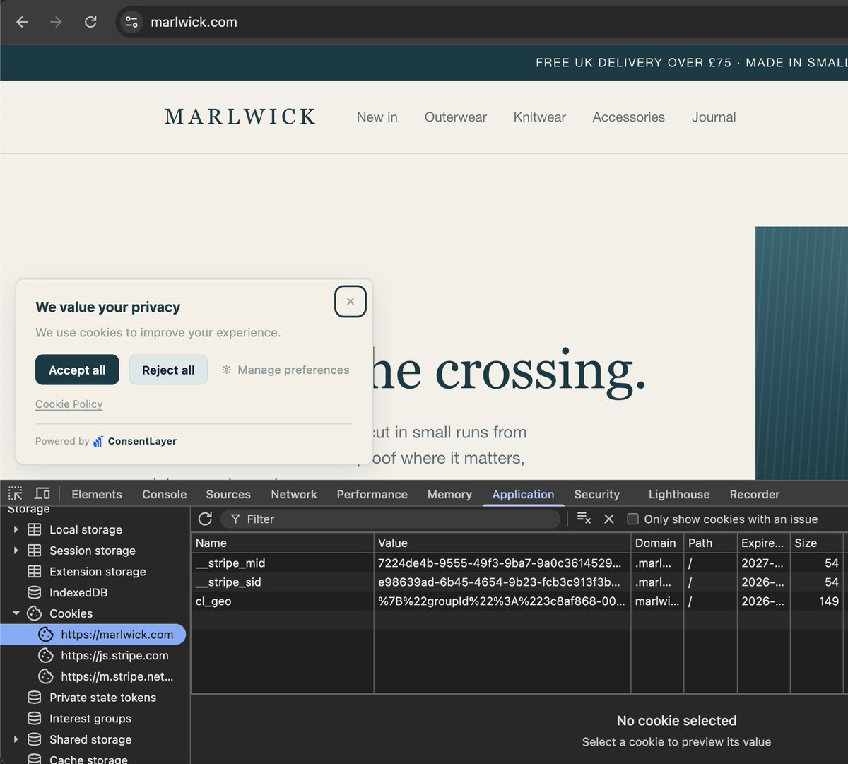 mircea_sandu's tweet photo. When I started building cookie consent solutions, I set out to find how banners are actually blocking cookies. And one thing I found was that many of them actually don't (sometimes it's intentional, not that the tool can't but the website owner doesn't want to).

So if you want to check that on your own website, you can open the Chrome DevTools and find the list of cookies for the current domain under the applications tab, and you do that before you click anything in the banner.

The screenshot below is how things should look if you want to block cookies before consent. Stripe is loaded in this case because those cookies are essential for a store, and there's one cookie from the banner itself, but no tracking cookies should show up here if that's what you're aiming for.