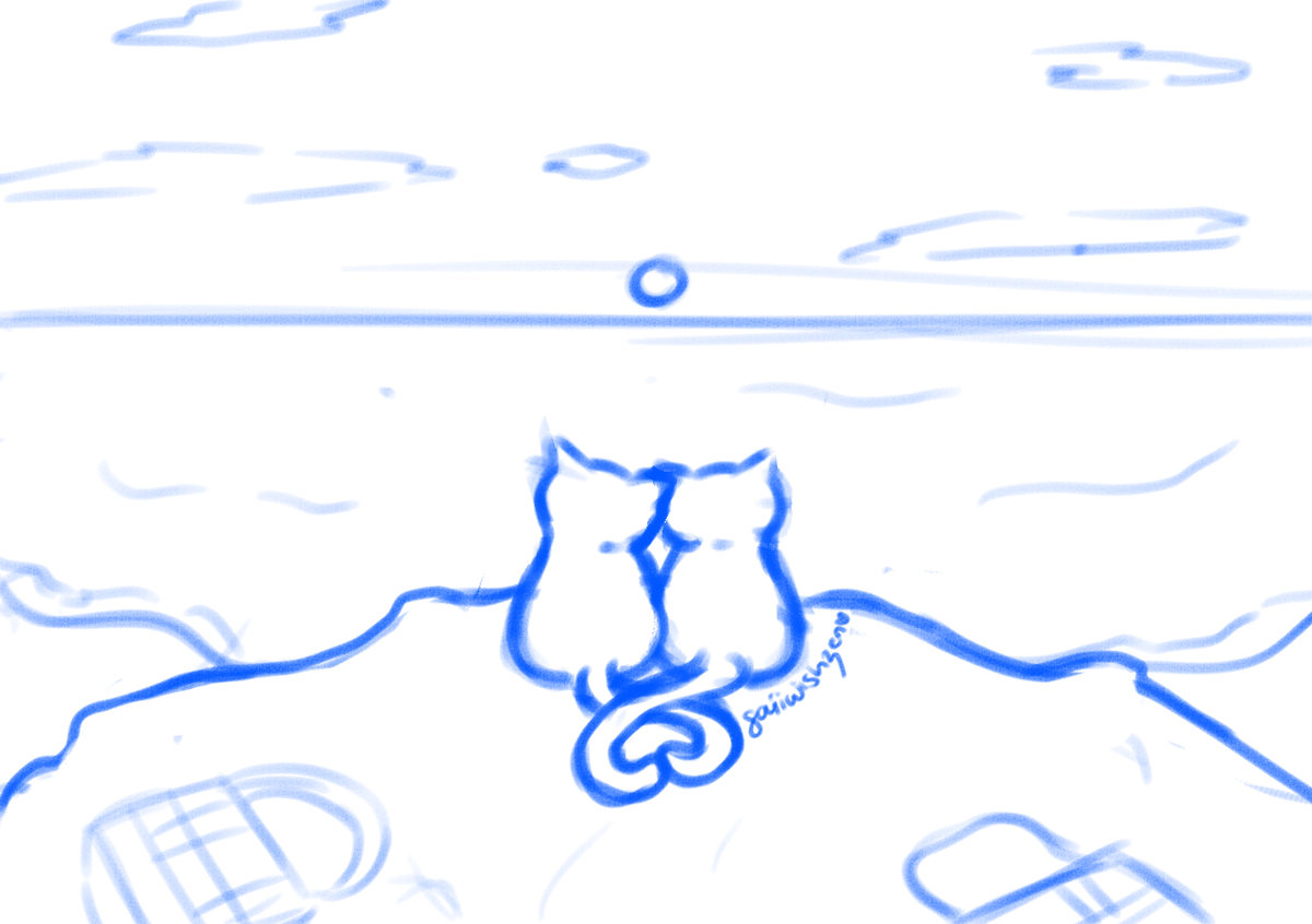 saiiwishzen's tweet photo. i saw a vid edit that showed how yushi wants to go to a beach w riku and i cant stop thinking about it (╥ ᴗ ╥)

so it inspired me to draw yuriku as cats watching the sunset by the beach from a cliff ( ⸝⸝´ ᵕ `⸝⸝) 

p.s. its also my freebie for the yuriku cse on sept.ᐟ https://t.co/iw0fgrJRBw