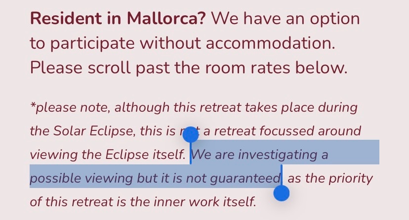 Mala_bava's tweet photo. @antroperplejo A Mallorca en fan un en concret, The Inner Goddess Awakening, on irònicament 1 de les 2 activitats que més repeteixen és a well-earned nap. Lo millor: aquest Four-days Solar Eclipse Retreat no garanteix que puguis veure l’eclipsi. Cobren fins a £3.333 per persona. https://t.co/4315Wa3qy0