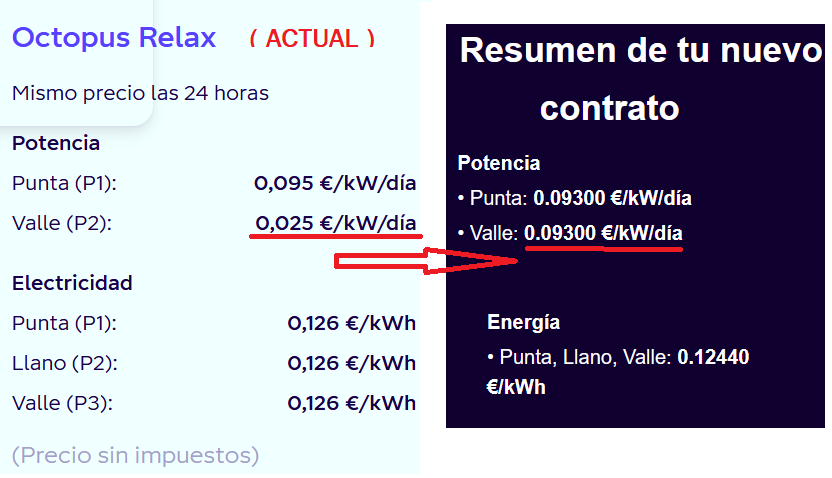 Enginy_Inversor's tweet photo. Para que veáis la diferencia de tarifa entre la actual y la renovación futura os paso la siguiente captura explicativa!!! 

No me esperava esto de vosotros @OctopusEnergyES , subida, si, pero tan abusiva!!!

DECEPCIONADO https://t.co/xJp7mNmOUW