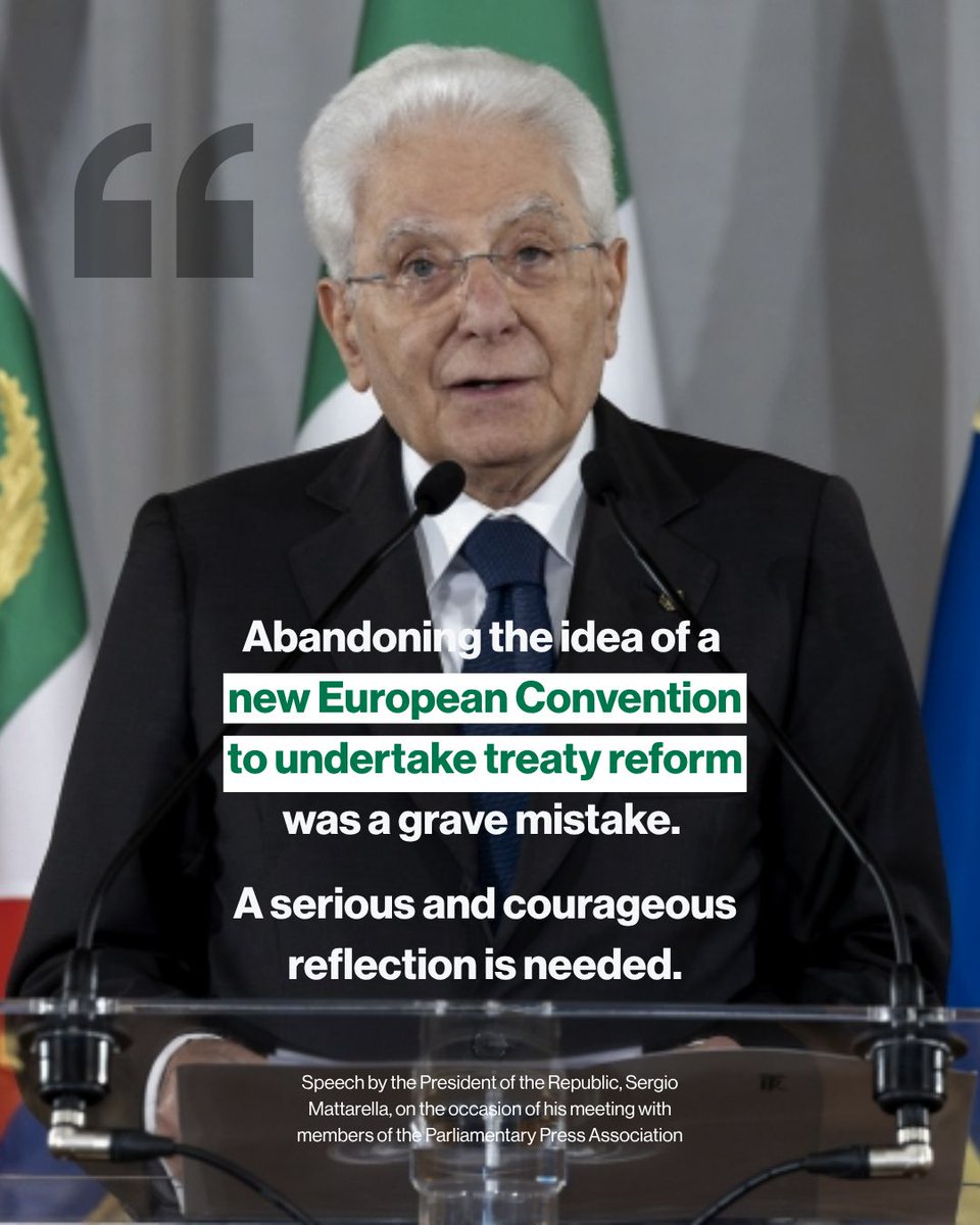 federalists's tweet photo. President #Mattarella is right: Europe cannot be blamed for weakness while governments block the reforms it needs. UEF calls on the European Council to open an Article 48 Convention, reform the Treaties and build a democratic, sovereign, federal Europe capable of defending peace https://t.co/40zv6pfv47