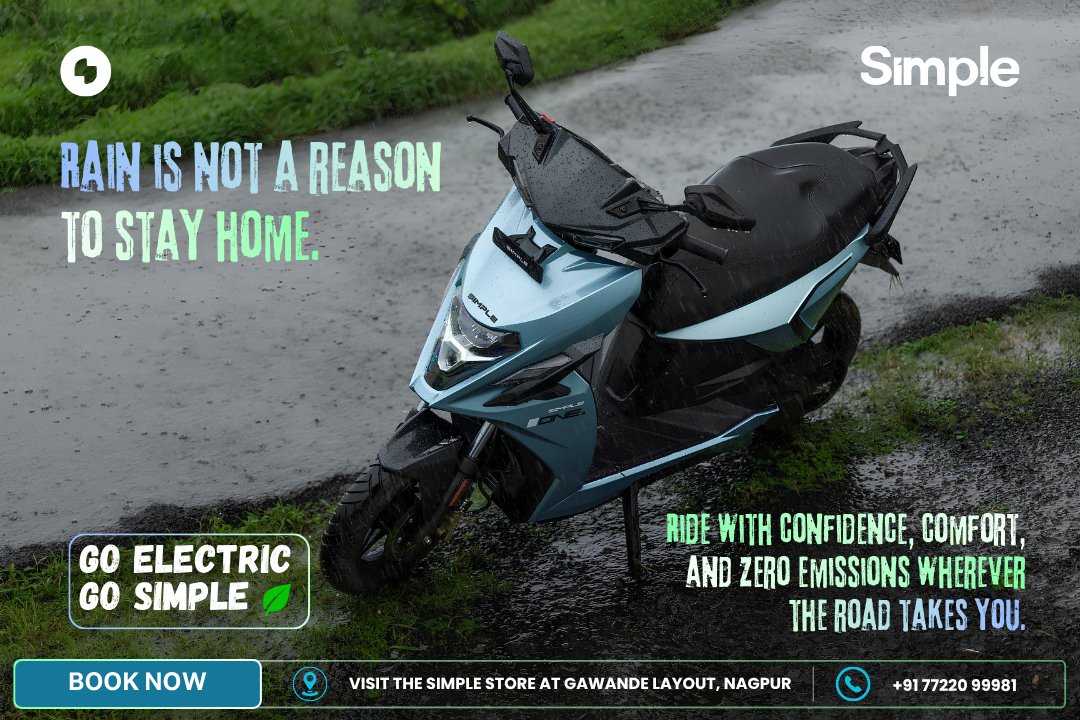 Simple_Nagpur's tweet photo. 🌧️ Monsoon isn't a reason to stop. It's a reason to ride. ⚡

The Monsoon is calling. Where will your next ride take you?

📍 Visit the Simple Energy Store, Gawande Layout, Nagpur.
📞 +91 77220 99981
🚀 Book your test ride today!

#SimpleOne #MonsoonRide #Nagpur #NagpurElectric https://t.co/fL0yvvRJUA