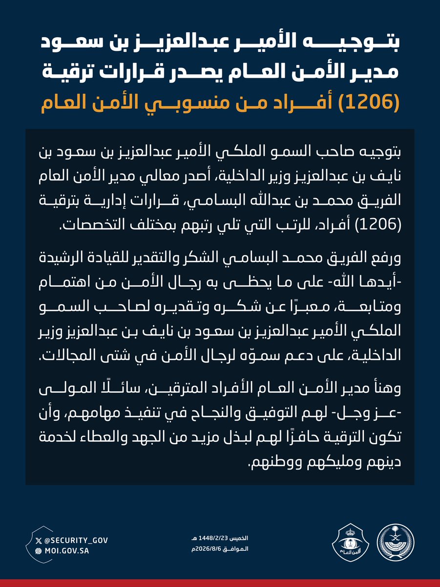 security_gov's tweet photo. بتوجيه الأمير عبدالعزيز بن سعود .. مدير الأمن العام يصدر قرارات ترقية (1206) أفراد من منسوبي الأمن العام. https://t.co/1m2AWE6K7G