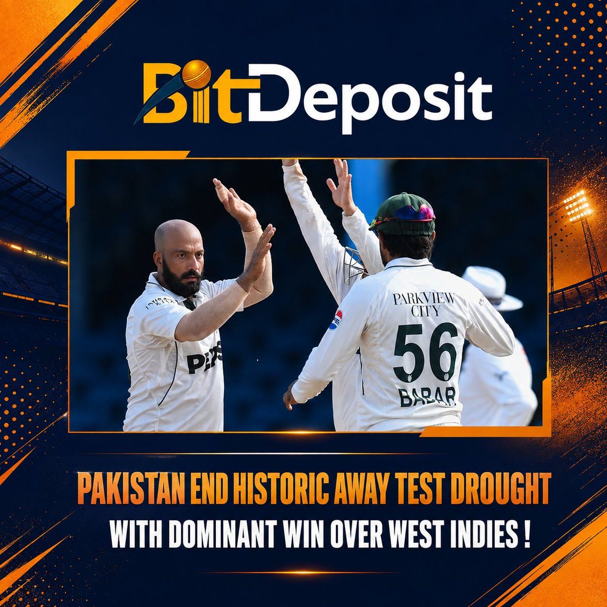 BitDeposit69's tweet photo. Pakistan ended their 8-match away Test losing streak with an 8-wicket win over West Indies! 🌟 Abdullah Shafique starred with 160 while Sajid Khan shone with the ball as Pakistan leveled the series. 📷 

#Bitdeposit #PakistanCricket #PAKvsWI #TestCricket #Cricket https://t.co/yJzgSymh2s