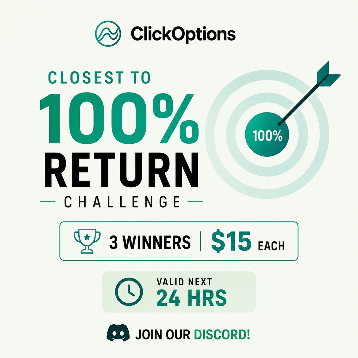 clickoptions_ai's tweet photo. 🎯 Closest to 100% Return Challenge 🎯
💰 3 Winners • $15 each

Open an eligible demo trade, get as close as possible to a 100% return (without going over), then share your trade on X, tag @ClickOptions_ai, and post it in our Discord.

JOIN DISCORD: 
🔗 https://t.co/KFddOZLtQq 🚀
