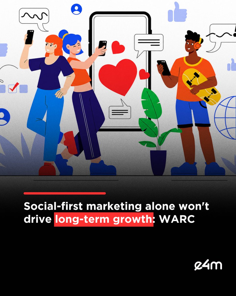 e4mtweets's tweet photo. Social-first marketing alone won't drive long-term growth: WARC.
According to the report, marketers need to align creative strategy with audience targeting.
Read the full story - https://t.co/UlhzBS4Hru
#RicaFacundo, #WARC
#e4m #WARC #SocialMediaMarketing #BrandGrowth #MarketingStrategy #CreatorEconomy