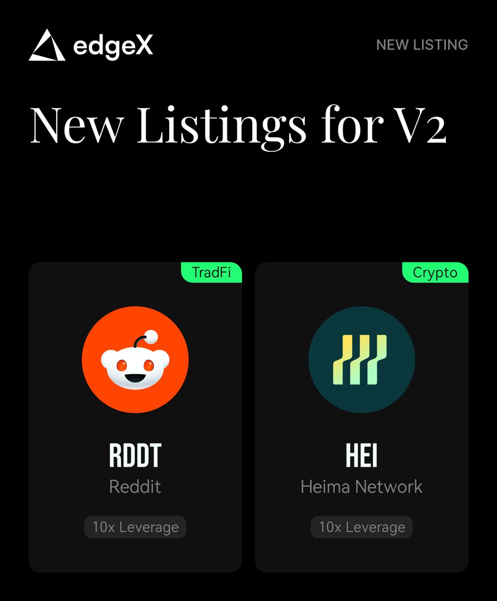 edgeX_exchange's tweet photo. New  Perp Listing on edgeX V2

$RDDT 
Online community platform organized around user-created communities.

$HEI 
Cross-chain trading infrastructure for DEXs with omni accounts and smart routing.   

Trade to Earn $EDGE &amp; $USDC
https://t.co/jgTsfQEPOJ https://t.co/gGYvJmCFn0