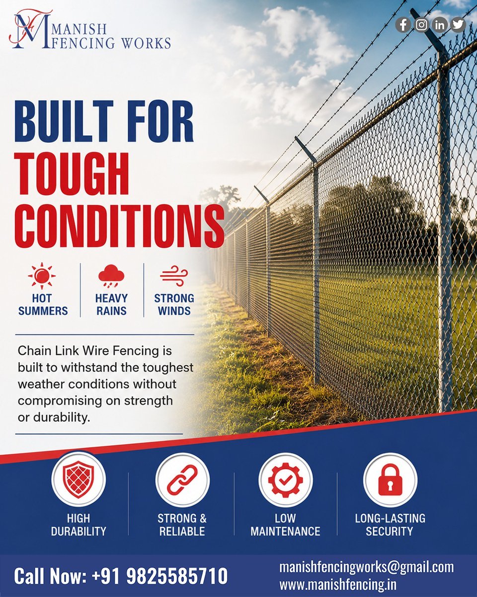 manishfencing's tweet photo. Built to withstand every season! 🌦️🔗
Protect your property with premium Chain Link Wire Fencing from Manish Fencing Works—built to withstand every season while ensuring lasting security and peace of mind. 🏡💪

#ManishFencingWorks #ChainLinkFencing #WireFencing #FencingSolutions https://t.co/1zkNlDbEee
