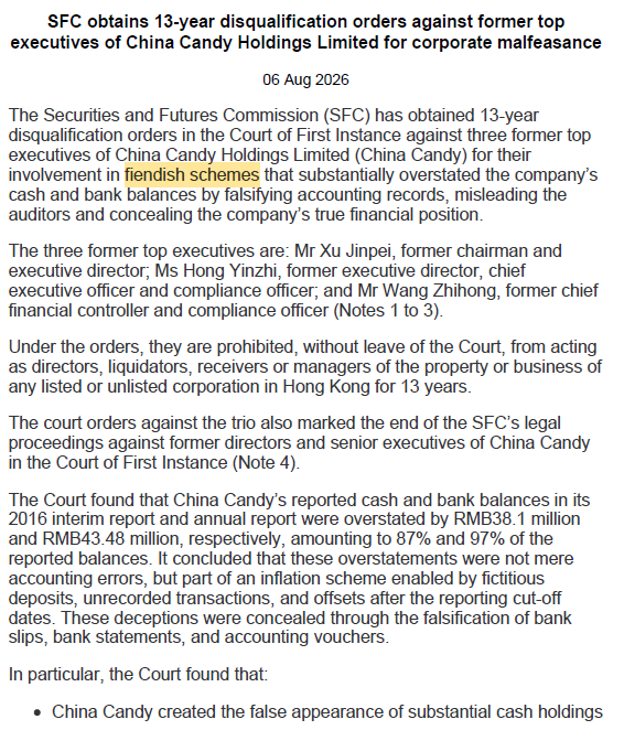 GMTResearch's tweet photo. Chinese candy manufacturer, China Candy (https://t.co/BitcqikCC6), caught up in “fiendish schemes that substantially overstated the company’s cash and bank balances”, according to the SFC. What we call a fake cash flow fraud. Our screens lit up like a Christmas tree… https://t.co/d3a7yrm0VD