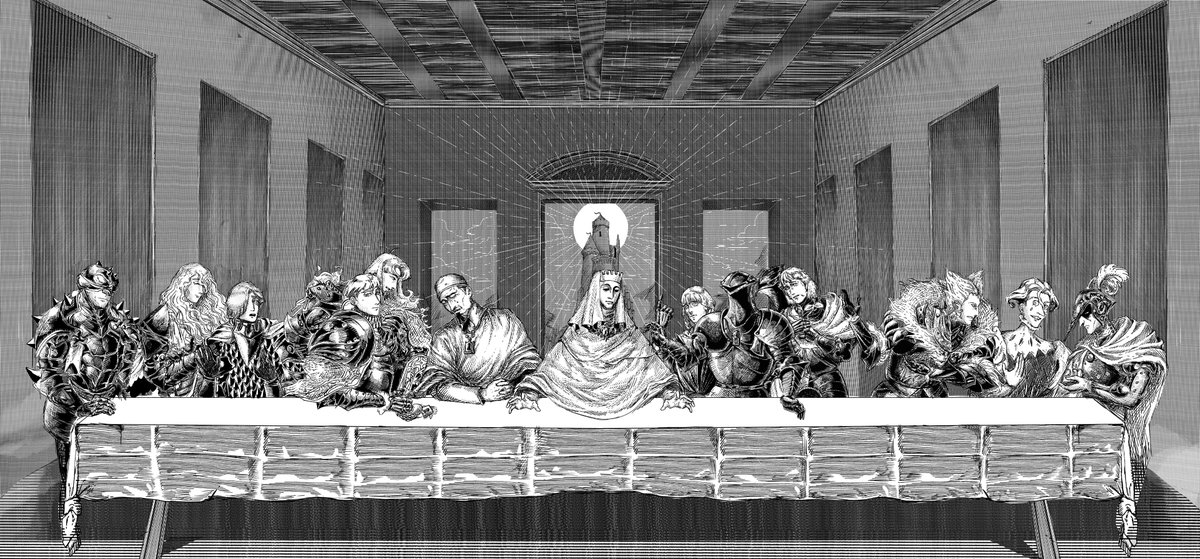 SovereignTower's tweet photo. We launch Sovereign Tower later today, and community member Linshu from Discord created this beautiful "Last Supper" artwork of our Knights at a not so round table!

We're so grateful to our incredible community, thank you for all of your support! 🙏 ❤️ https://t.co/TfNYWTqAzJ